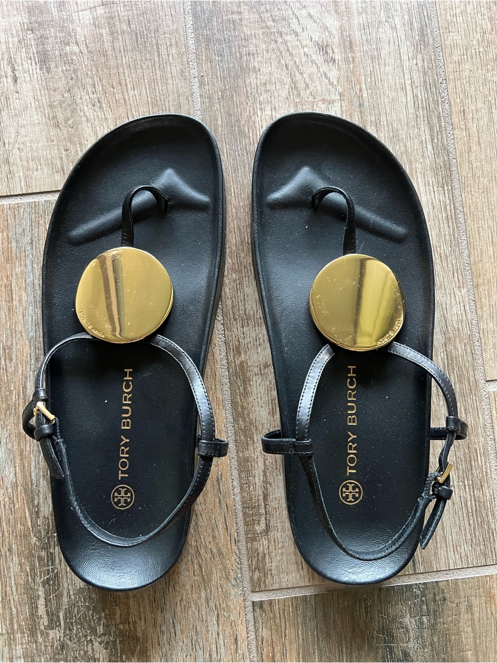 Tory Burch Patos Disc Black Leather T-Strap Sandals with Gold Medallions-Size 8